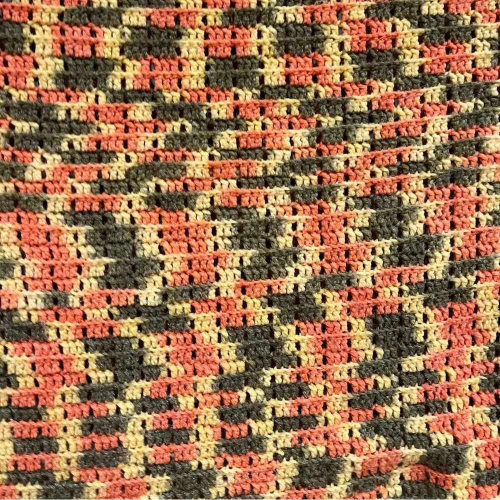 Vintage ca 70s Handmade Orange, Green, and Yellow Crocheted Afghan Blanket